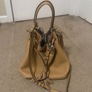 henri bendel Tan Pebbled Leather Drawstring Bucket Bag